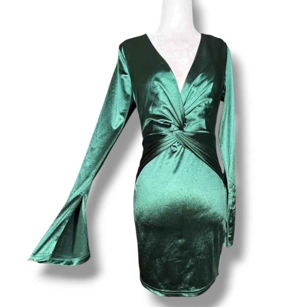 Windsor Glam Celebration Emerald Green Satin Twist Front Bell Sleeve Mini Dress